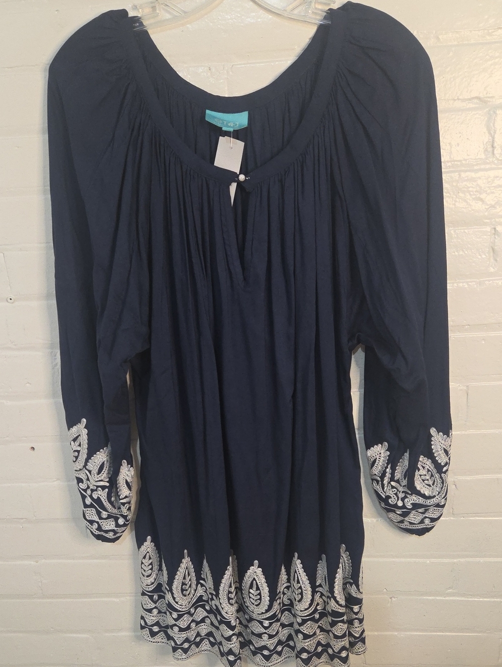 TAJ by Sabrina Crippa Navy Long-Sleeve Embroidered Tunic Dress with White Trim